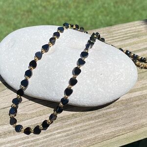 Black heart beaded necklace gold tone spacers